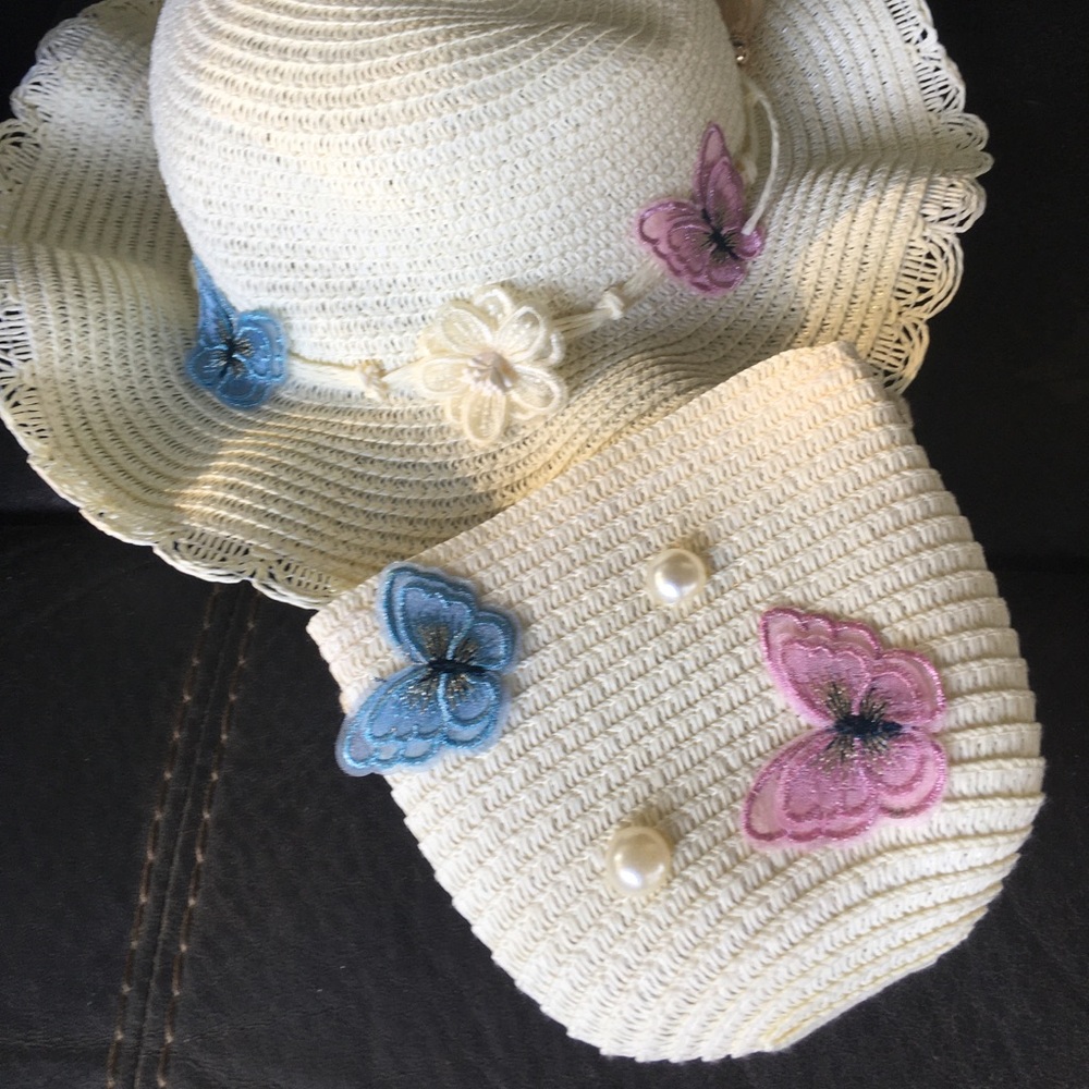 Girls beach summer hat incl purse Straw hat w/butterfly pink and blue